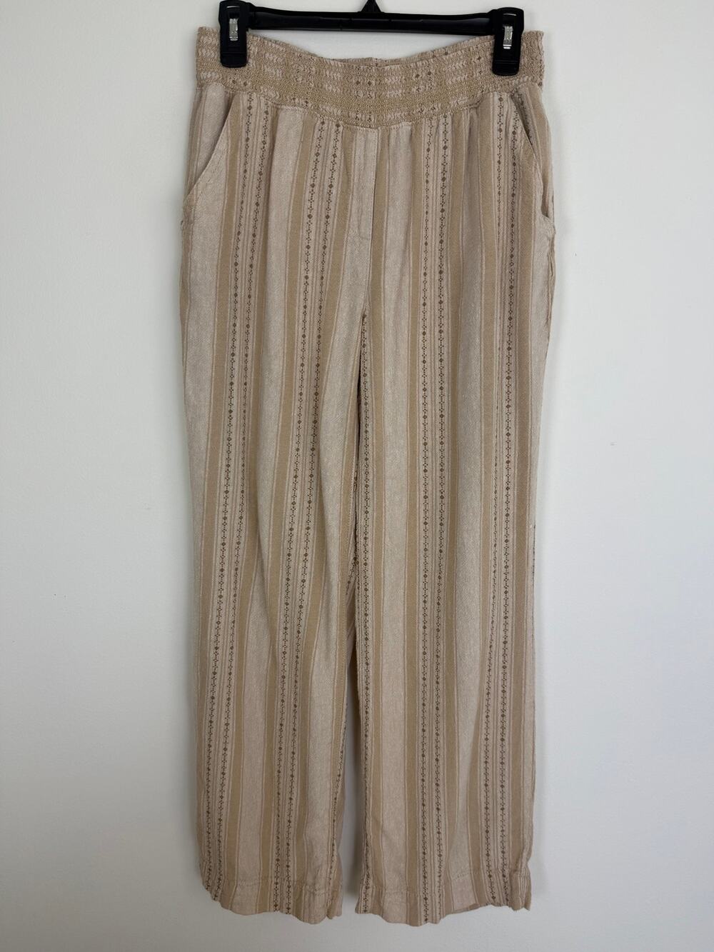 Briggs Womens Linen Blend Pull-On Bohemian Boho Straight Leg Cream Pants Medium